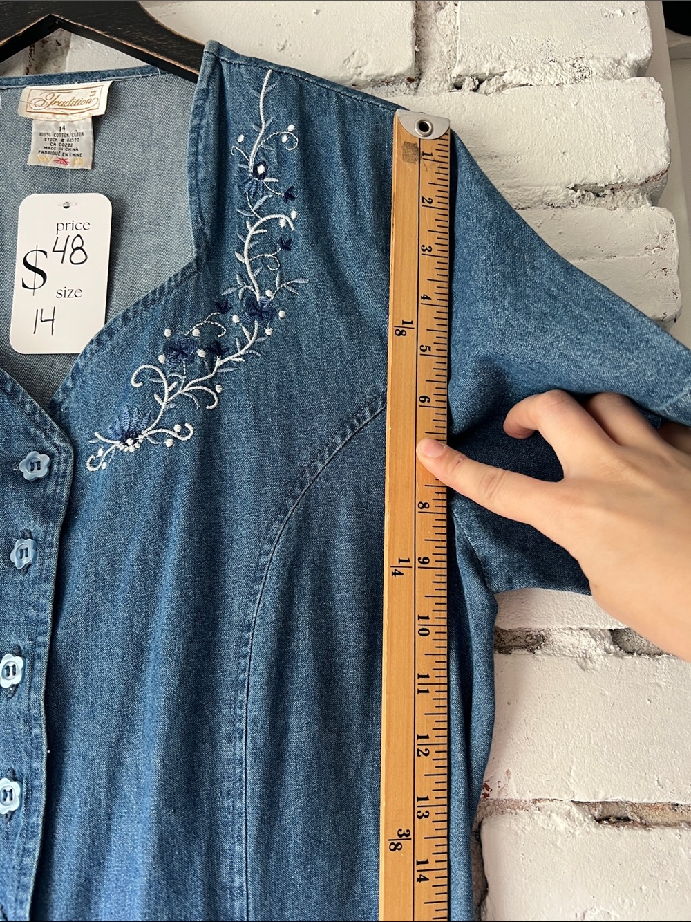 Vintage Denim Button Front Dress CHAMBRAY embroidered tshirt - Picture 7 of 8